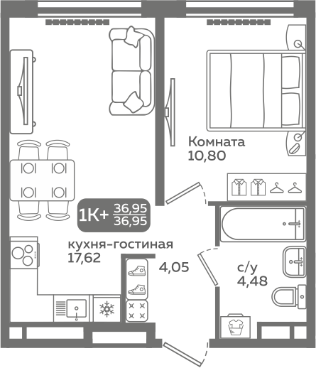 1-комнатная 36 м2 в ЖК Меридиан Слобода корпус null этаж 6