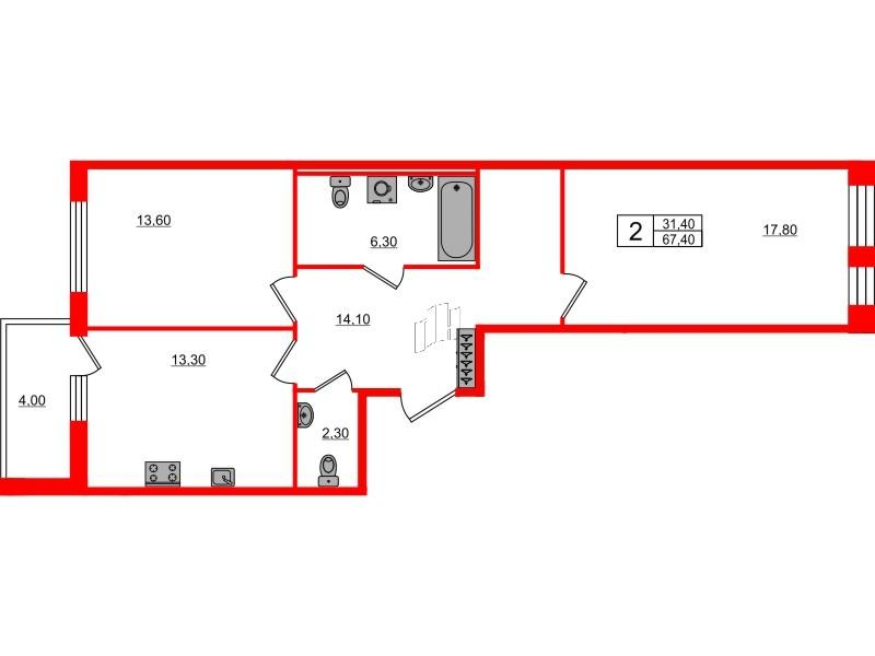 2-комнатная 67 м2 в ЖК Svetlana Park корпус null этаж 2