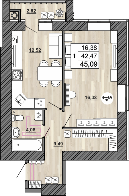 1-комнатная 45 м2 в ЖК Сокол корпус null этаж 8