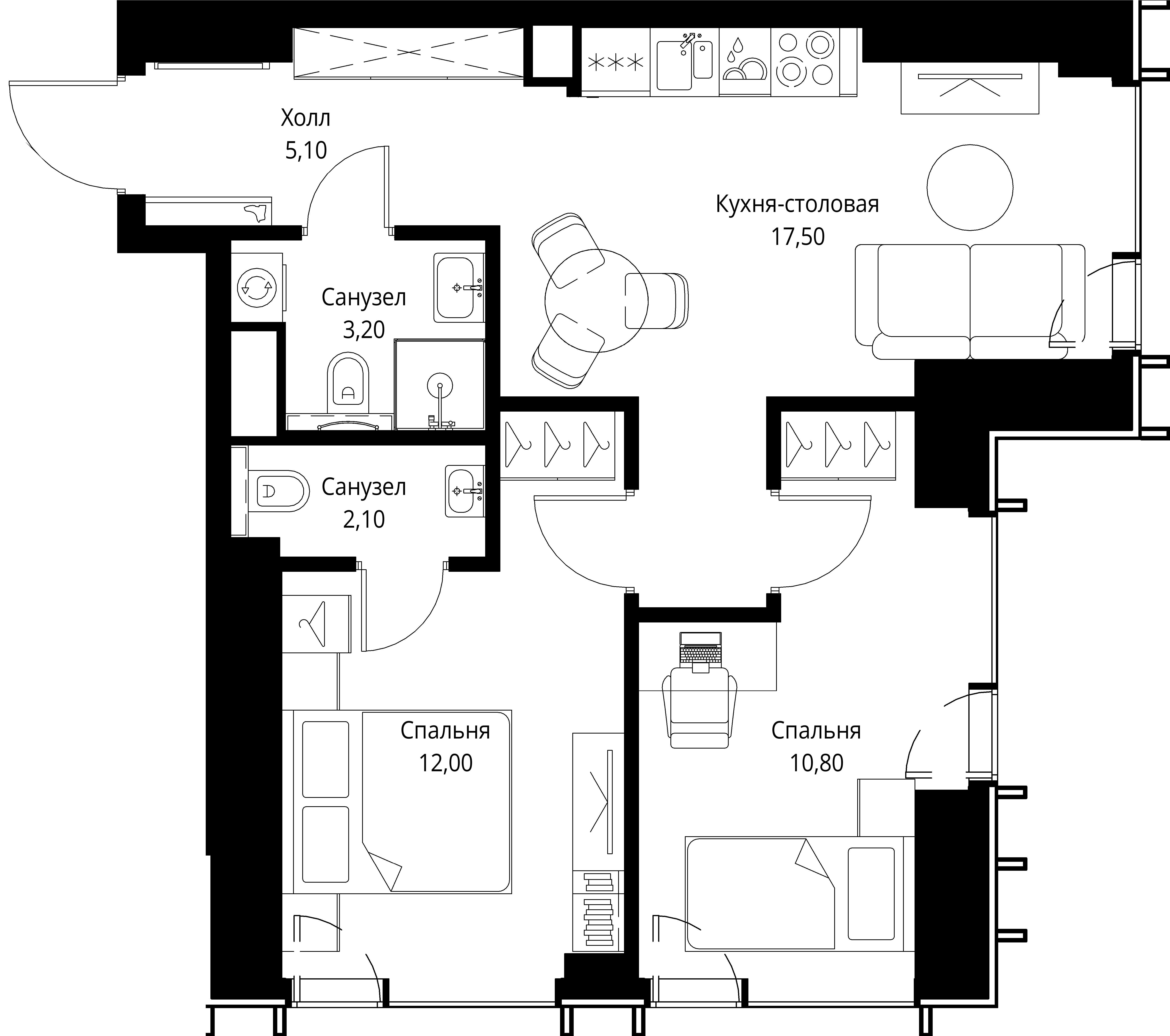 2-комнатная 50 м2 в ЖК ВЕЕР корпус null этаж 5