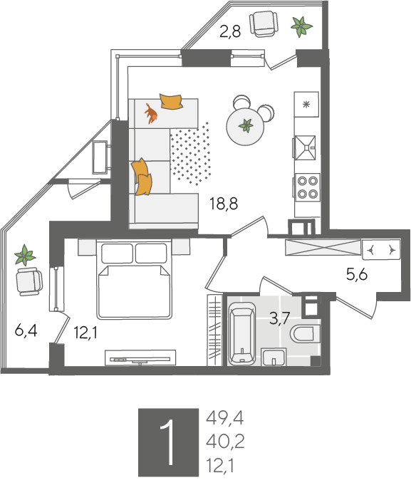 1-комнатная 49 м2 в ЖК Рекорд 2 корпус null этаж 5