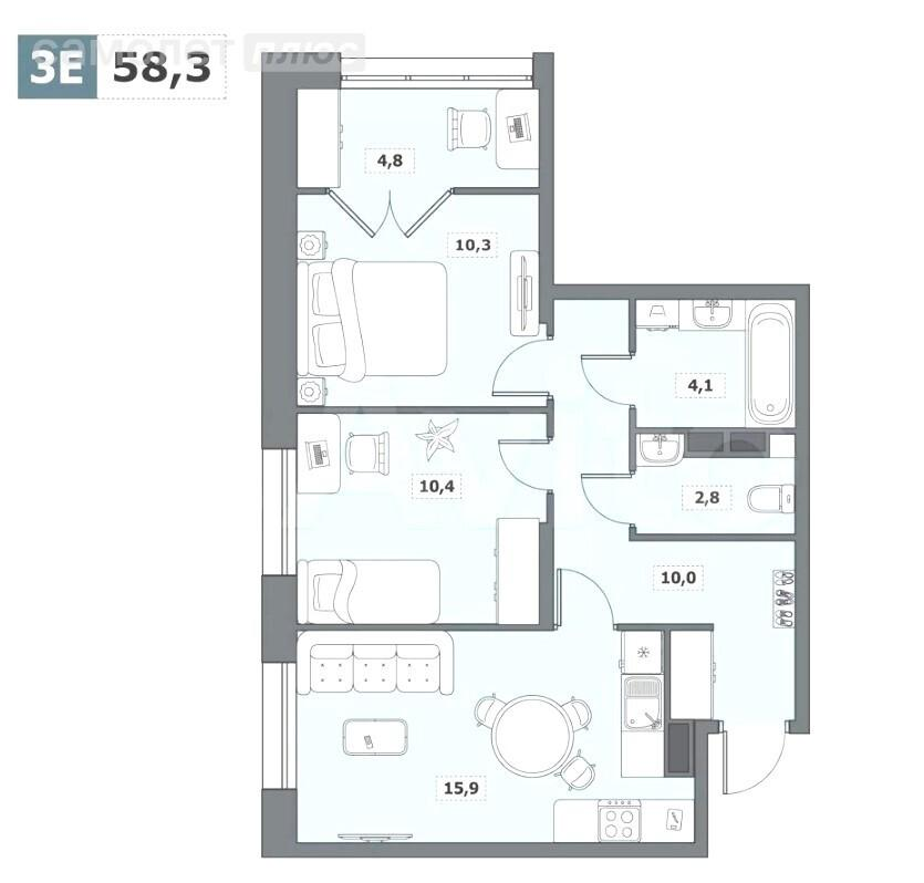 2-комнатная 58.3 м2 в ЖК undefined корпус undefined этаж null