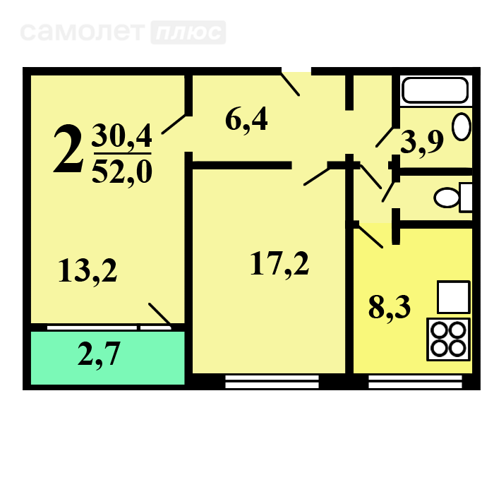 2-комнатная 52 м2 в ЖК undefined корпус undefined этаж null