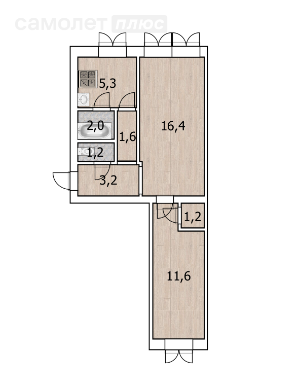 2-комнатная 42.7 м2 в ЖК undefined корпус undefined этаж 5