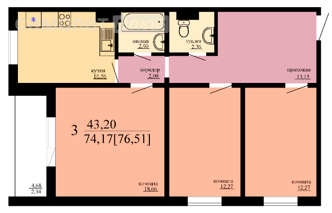 3-комнатная 76.5 м2 в ЖК undefined корпус undefined этаж null