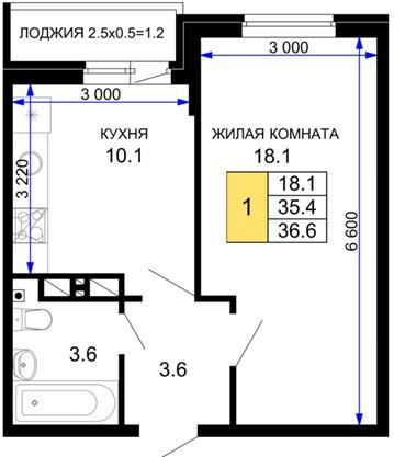 1-комнатная 36.6 м2 в ЖК undefined корпус undefined этаж 4