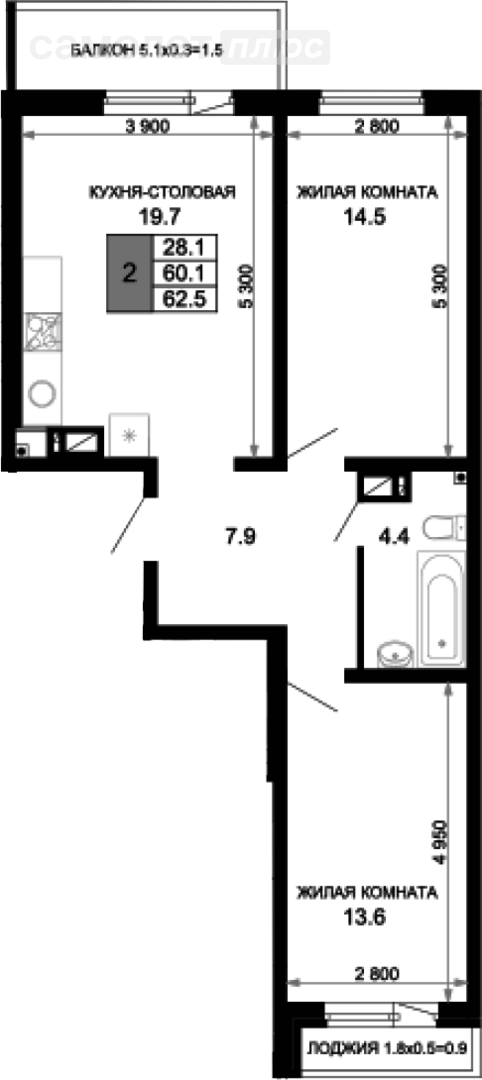 2-комнатная 63.6 м2 в ЖК undefined корпус undefined этаж 12
