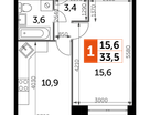 1-комнатная квартира, 33&nbsp;м²