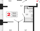 2-к. квартира, 59&nbsp;м²