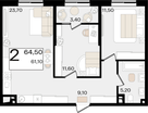 2-к. квартира, 64&nbsp;м²