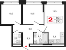 2-к. квартира, 55 м²