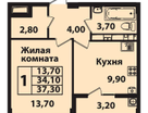 1-к. квартира, 37,3&nbsp;м²
