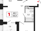 1-к. квартира, 56&nbsp;м²