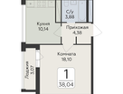 1-к. квартира, 38 м²