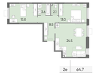 2-к. квартира, 64&nbsp;м²