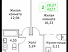 2-к. квартира, 43&nbsp;м²