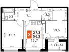 2-к. квартира, 54&nbsp;м²