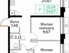 2-к. квартира, 54&nbsp;м²