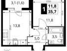 1-к. квартира, 35&nbsp;м²