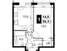 1-к. квартира, 36 м²