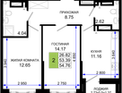 2-комнатная квартира, 54&nbsp;м²