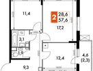 2-к. квартира, 57&nbsp;м²