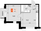2-к. квартира, 44 м²