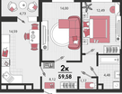 2-к. квартира, 59 м²