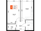 1-к. квартира, 39&nbsp;м²