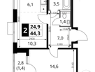 2-к. квартира, 44&nbsp;м²