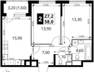 2-к. квартира, 58&nbsp;м²