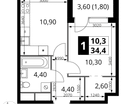 1-к. квартира, 34&nbsp;м²