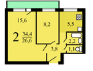 2-к. квартира, 34,7&nbsp;м²