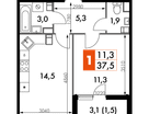 1-к. квартира, 37&nbsp;м²