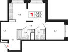 1-к. квартира, 54&nbsp;м²