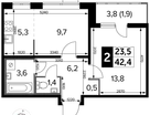 2-к. квартира, 42&nbsp;м²