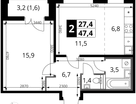 2-к. квартира, 47&nbsp;м²