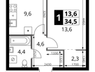 1-к. квартира, 34&nbsp;м²