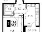 1-к. квартира, 33&nbsp;м²