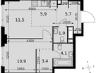 2-к. квартира, 43&nbsp;м²