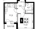1-к. квартира, 34&nbsp;м²