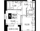 1-к. квартира, 34&nbsp;м²