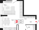 2-к. квартира, 64&nbsp;м²