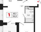 1-к. квартира, 56&nbsp;м²