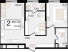 2-к. квартира, 64 м²