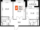 2-к. квартира, 57&nbsp;м²