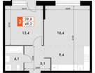 2-к. квартира, 49 м²