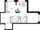 1-к. квартира, 54&nbsp;м²