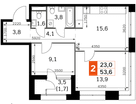 2-к. квартира, 53 м²