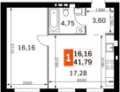 1-к. квартира, 41&nbsp;м²